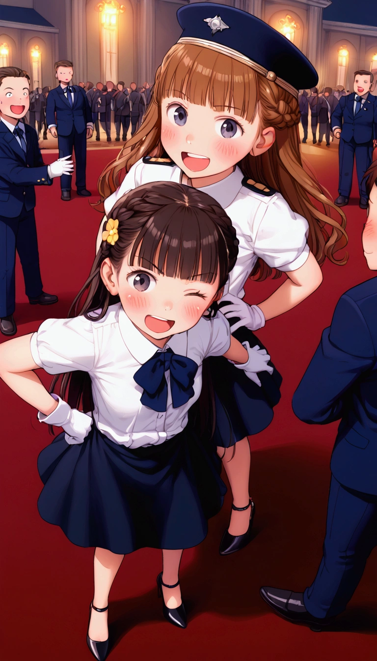 {Highest quality}, {Super beautiful},{Ultra fine},{Best illustration},Brown Hair,Hime cut,Braid,long hair,Two Women,Standing Woman,Strike a pose,Adult women,smile,Excited face,Double teeth,Mischievous,Wink,Uniform cap,White shirt,Short sleeve,Black long skirt,White gloves,Black stiletto heels,Night Park,crowd,Blushing,Slender,From above,Spread your legs,Put one hand on your hip