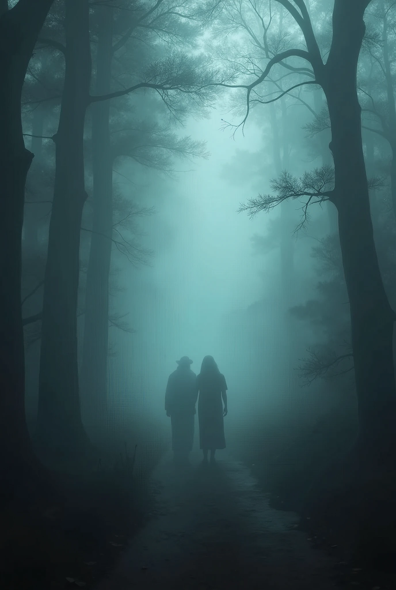Masterpiece, Best Quality, Super Detailed, High Definition, HDR, Realistic, Depth, Fine Texture, Super Fine, Complete concentration, dense mysterious fog, eerie atmosphere, thick fog covering a dark forest, shadowy figures barely visible, glowing soft light filtering through the mist, faint outlines of trees, mysterious silhouettes, dimly lit path, soft and subtle lighting, muted colors, cold and chilling ambiance, soft shadows, intricate details, volumetric lighting, ethereal and haunting mood, otherworldly vibe, fog swirling around, serene yet unsettling, supernatural atmosphere, sense of unknown.