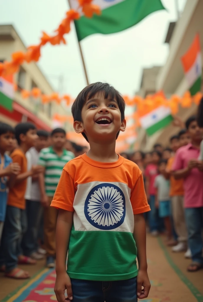 Create a short video for indian independence day celebration form a boy his name print on his t shirt shubham and boy sing a song vande mataram 