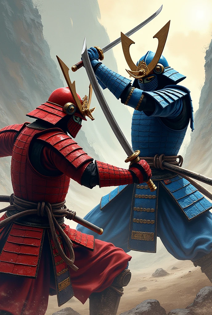 Samurai warriors in red and blue armor