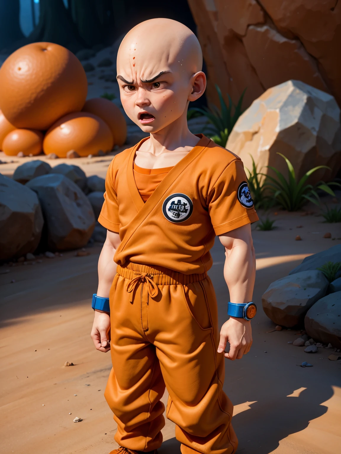 (Highest quality:1.2, masterpiece:1.2), ultra high resolution, professional lighting, cinematic lighting, 8K wallpaper, (In detail), ultra realistic & detailed portrait of Krillin, One boy, alone,  (bald), Iris, ((Orange Clothes, orange Dogi, Orange long pants)), Forehead mark, No nose, no sclera, Rocky steppe, patch, Blue wristband, nice, standing, outdoors, (((he is small & very short))), ((realistic extremely anger face, detailed extremely mad face)),