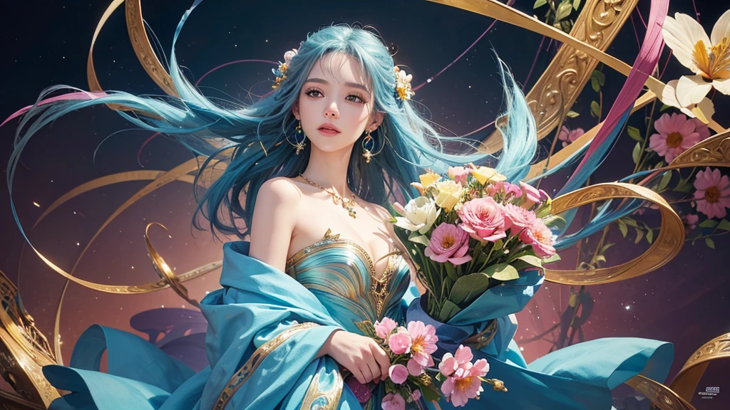 32K, highest quality, The highest masterpiece, (ultra-Detailed Background, Detailed Background), High resolution, Super detailed, Very detailedな, 1 person, (bouquet:1.3), (Tangled:1.2), (Geometric:1.2),(colorful),(masterpiece, quality, best quality, Official Art, Beautiful and beautiful:1.2), (1 person:1.3), Very detailed,(colorful:1.1)(Flowers:1.3),Most detailed,(Tangled:1.2), whole body, (Abstract background:1.3), (Skin glows), (Many colors:1.4), ,(Earrings Jewelry:1.5), Light Blue Background,