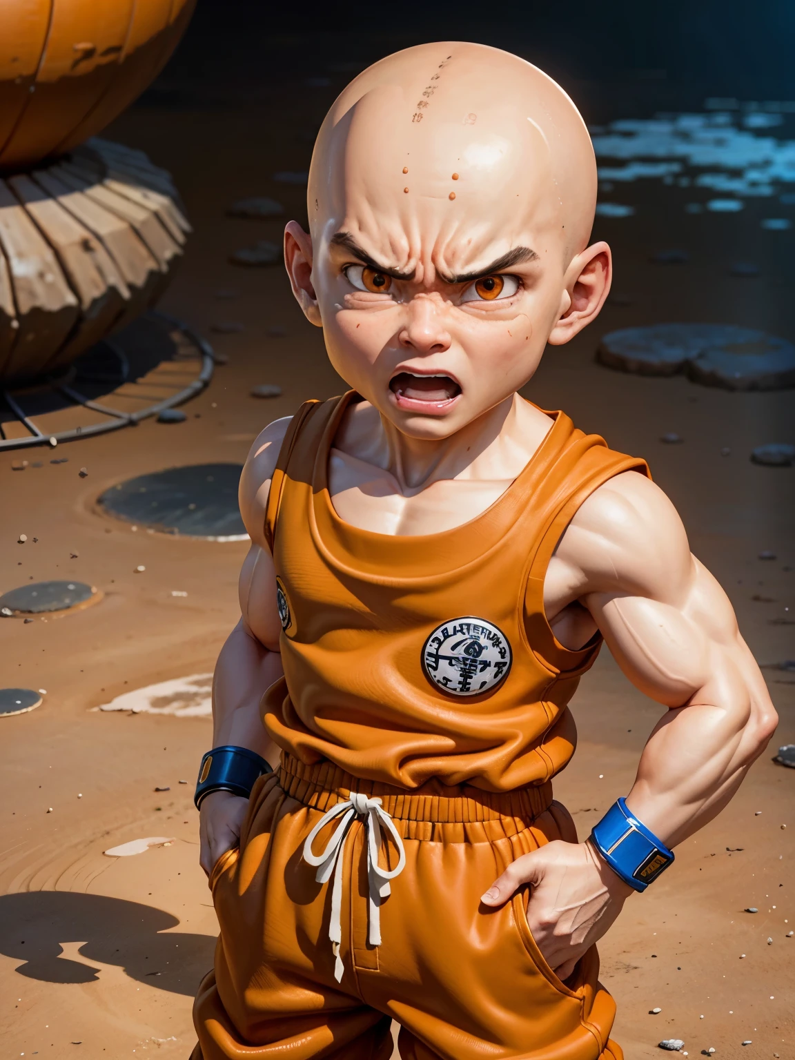 (Highest quality:1.2, masterpiece:1.2), ultra high resolution, professional lighting, cinematic lighting, 8K wallpaper, (In detail), ultra realistic & detailed portrait of Krillin, One boy, alone,  (bald), Iris, ((Orange Clothes, orange Dogi, Orange long pants)), Forehead mark, No nose, no sclera, Rocky steppe, patch, Blue wristband, nice, standing, outdoors, (((he is small & very short))), ((realistic extremely anger face, detailed extremely mad face)),