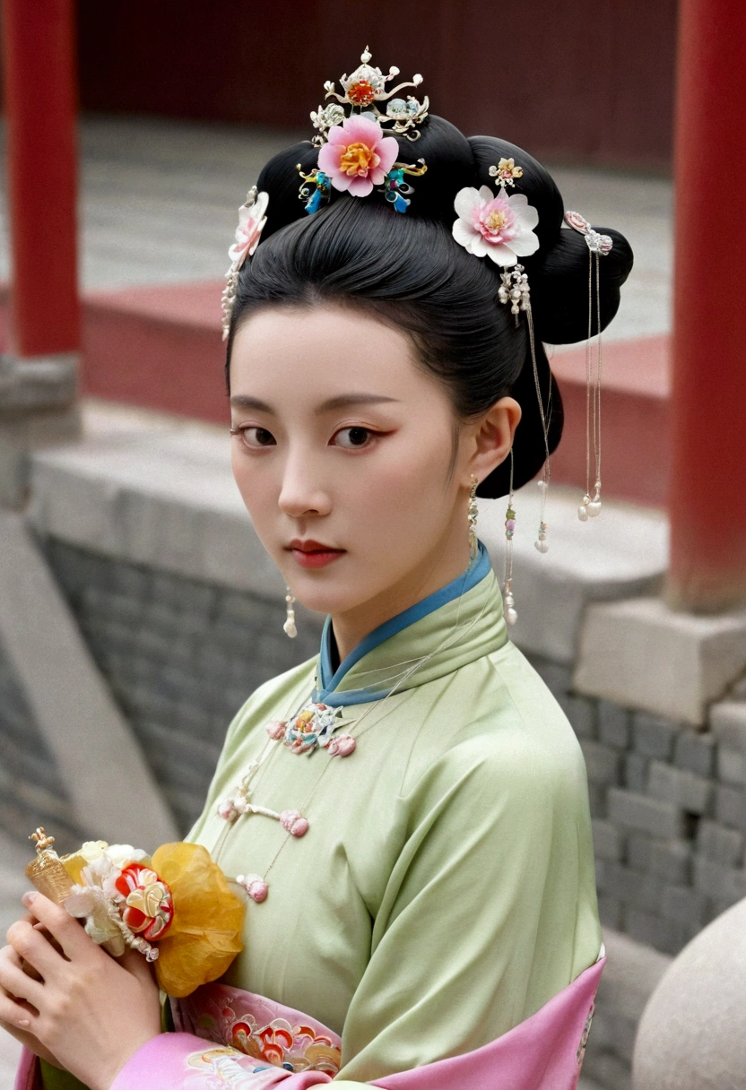 Front view of a Qing Dynasty empress in a Chinese palace during the Qing Dynasty. She is naked and has large breasts. She is wearing a crown and a flower hairpin.、Tie your bangs up.、The hair at the back of her head was tied up and pulled back.. The background is the stone paving of a Chinese palace during the Qing Dynasty..