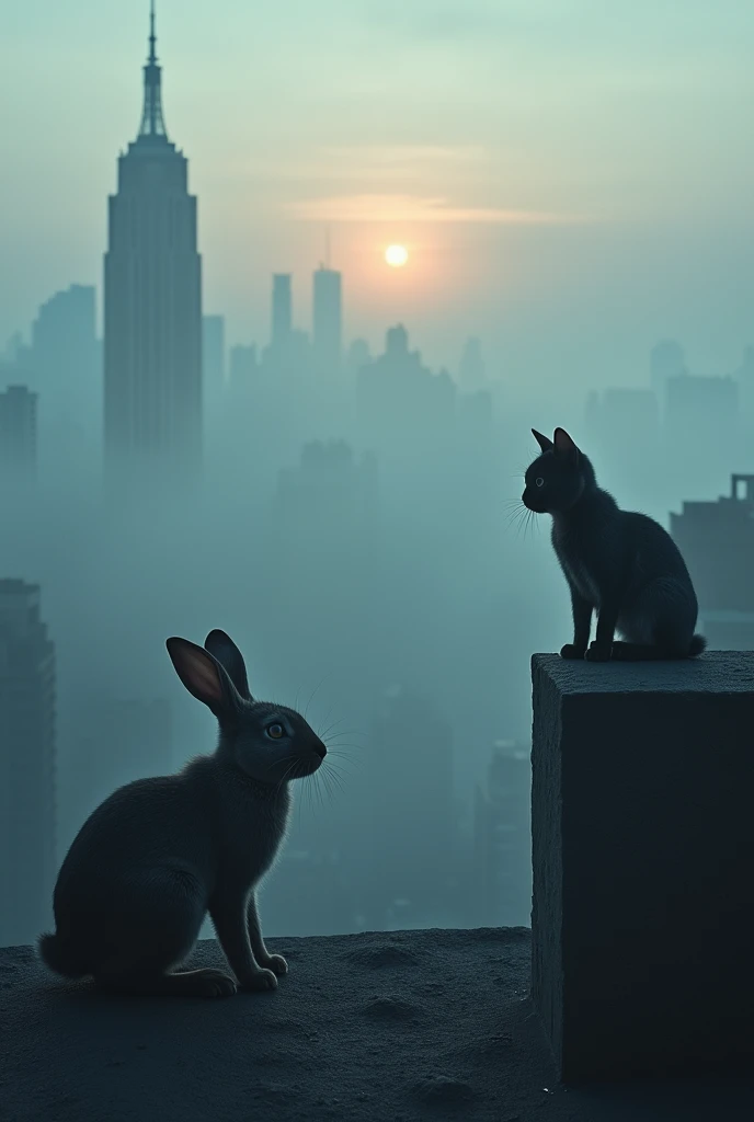 A misty veil of mysterious fog shrouds the cityscape at dawn, as a curious rabbit cautiously emerges from the murk. A sleek cat, its fur glistening with dew, watches from a nearby rooftop, tail twitching with intrigue. The fog's eerie whispers mingle with the distant hum of city life, casting an air of enchantment over this surreal scene.