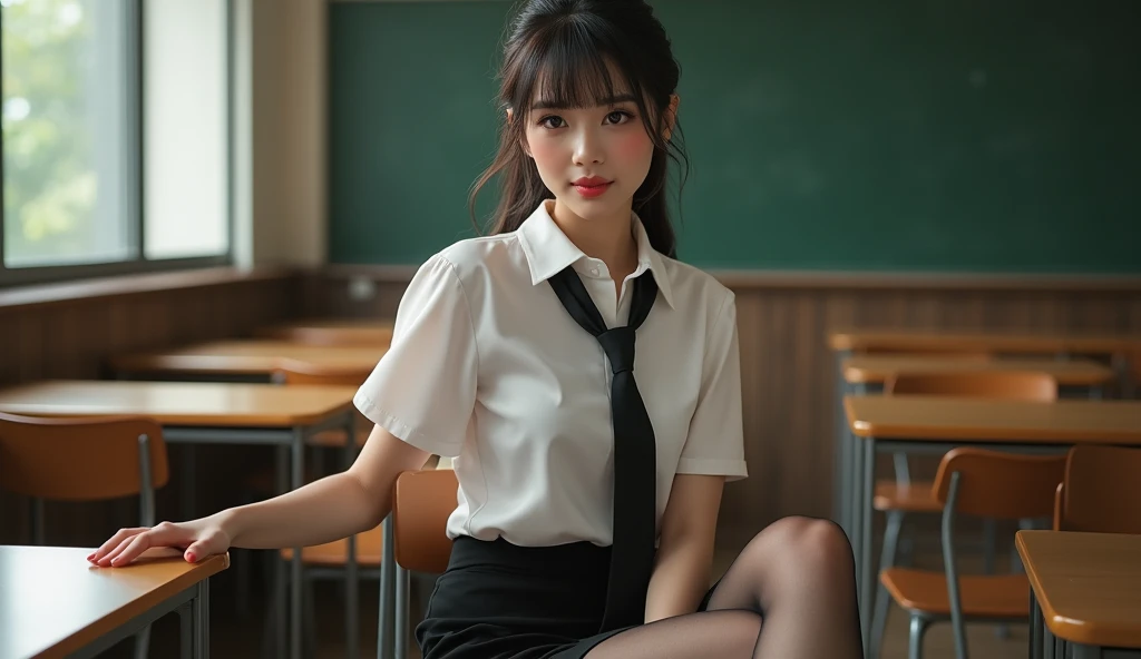 (masterpiece:1.3), (best quality:1.3), 8k, highres, intricate detailed, highly detailed, detailed background, depth of field, film grain, MILF, 1girl, solo, beautiful japanese woman, mature female, ponytail, black hair, brown eyes, (long eyelashes:1.3), (eyeshadow:1.3), blush, gloss lips, (smirk:1.2), large breasts, sexy body, white collared shirt, short sleeves, black tight skirt, long necktie, thighhighs, looking at viewer, sitting, crossed legs, tempting pose, indoors, classroom, rim light, ray tracing