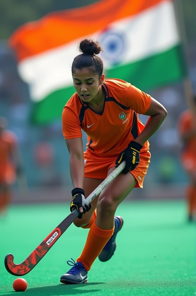 Indian hockey player with Indian color theme hockey stick grip and Indian flag behind him