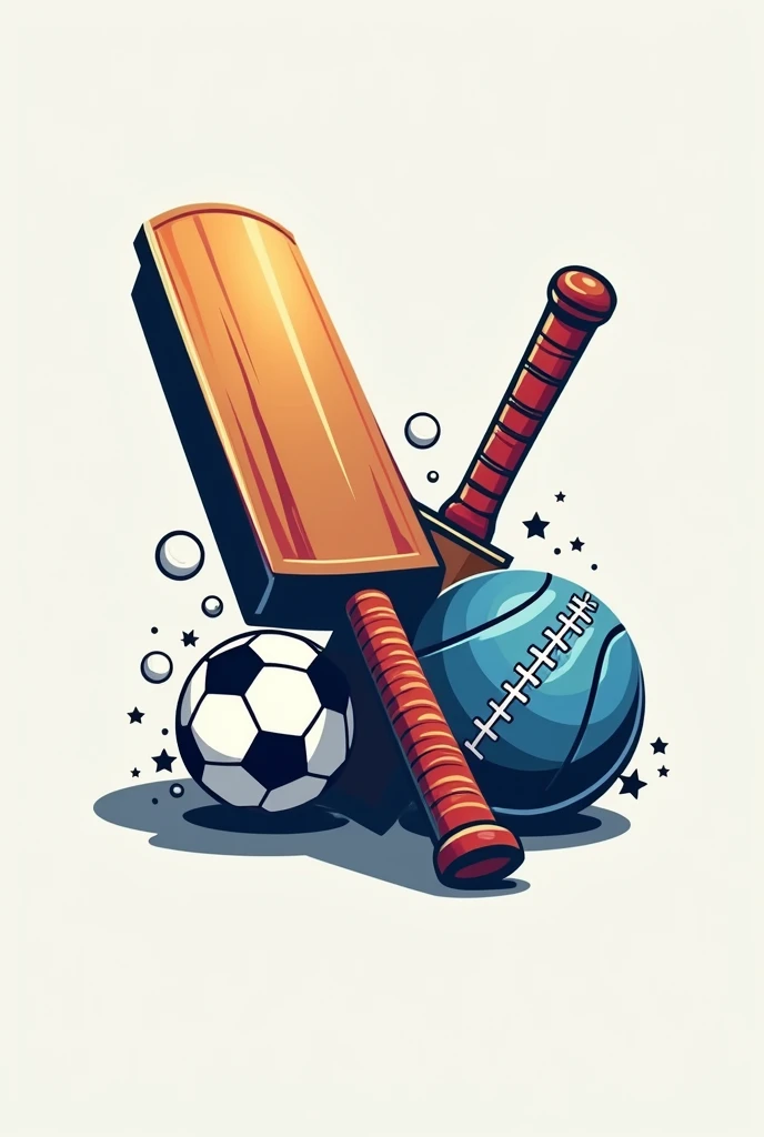 Create a sports team logo including a cricket bat and a football and a soccer ball