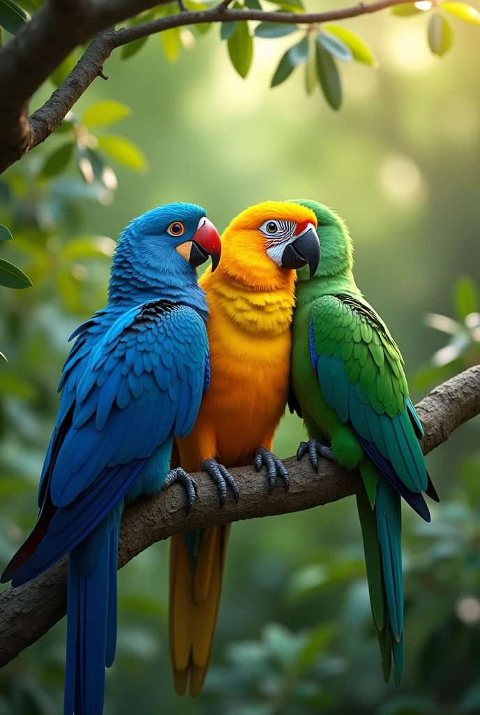 Three colorful birds (blue, yellow, and green) sitting on a tree branch.