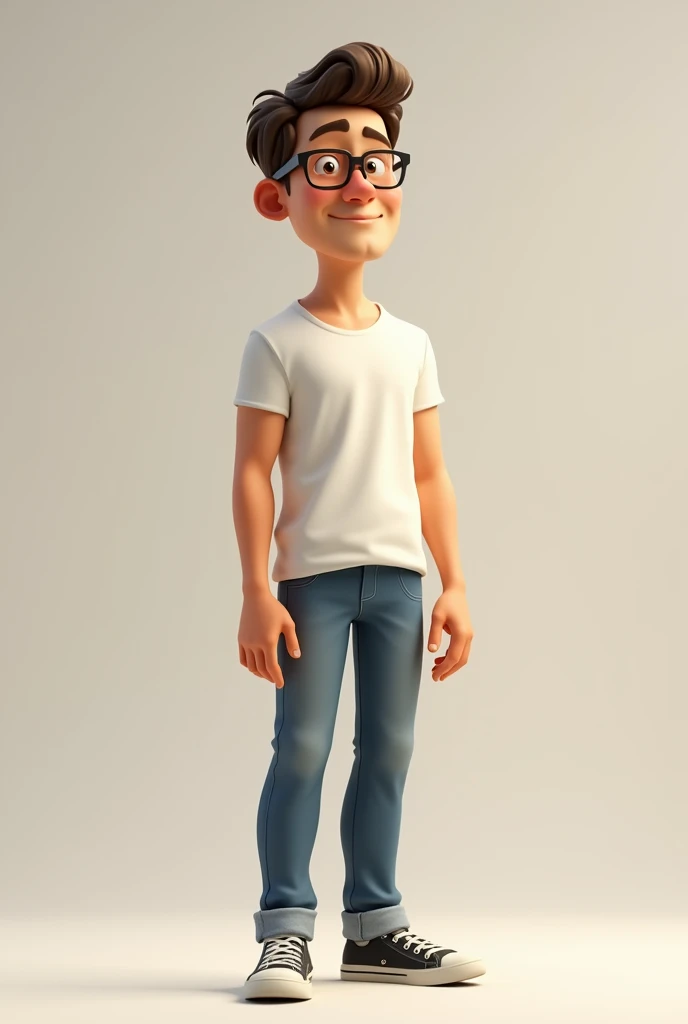 Create a character, full body, animated man, with all the sketches of legs, body, expressions, etc. That he doesn't have muscles, and that he isn't that big Do not wear glasses, and wear clothes