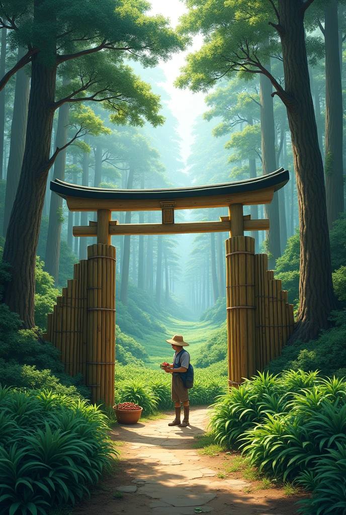 pine forest, with a path and bamboo gate "cisarua" and there is a coffee farmer