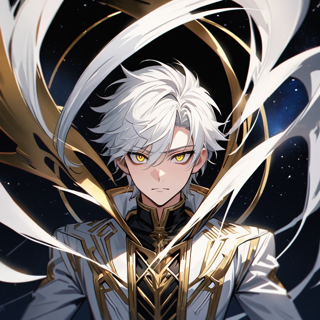 High quality, HD, 4k, no shadows, handsome male, handsome, 1male, 18 years old, 18yo, short white hair, white hair, white hair, white hair, sharp eyes, deep golden colored eyes, dark gold colored eyes, deep gold eyes, gold eyes, devil may cry, close up, calm expression, stoic expression, black leather clothes, white leather clothing, lean body, well trained body, upper body, looking at viewer, cowboy shot, white solar, space background