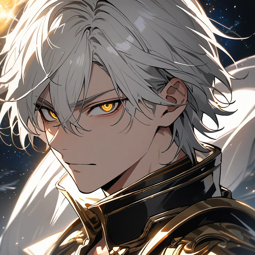 High quality, HD, 4k, no shadows, handsome male, handsome, 1male, 18 years old, 18yo, short white hair, white hair, white hair, white hair, sharp eyes, deep golden colored eyes, dark gold colored eyes, deep gold eyes, gold eyes, devil may cry, close up, calm expression, stoic expression, black leather clothes, white leather clothing, lean body, well trained body, upper body, looking at viewer, cowboy shot, white solar, space background