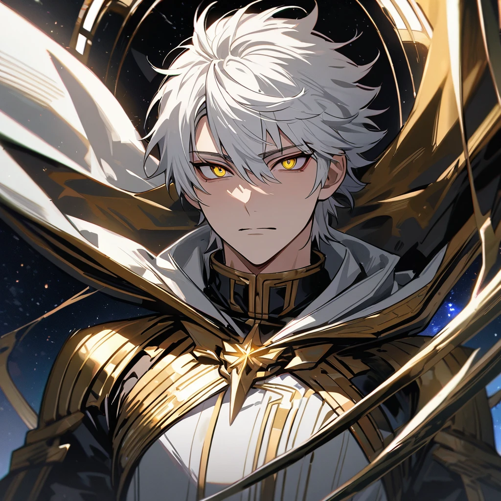 High quality, HD, 4k, no shadows, handsome male, handsome, 1male, 18 years old, 18yo, short white hair, white hair, white hair, white hair, sharp eyes, deep golden colored eyes, dark gold colored eyes, deep gold eyes, gold eyes, devil may cry, close up, calm expression, stoic expression, black leather clothes, white leather clothing, lean body, well trained body, upper body, looking at viewer, cowboy shot, white solar, space background