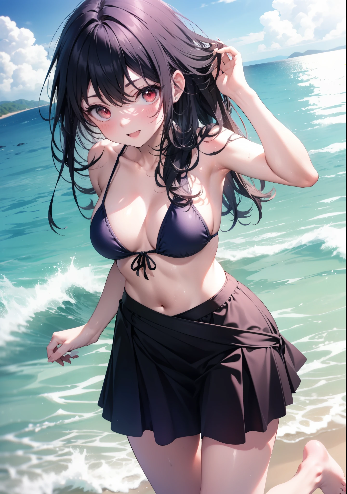 For profit, Next to Kasumigaoka, Black Hair, hair band, Long Hair, (Red eyes:1.5), smile,blush,Open your mouth,Black string bikini swimsuit,Belly button,abdomen,A thin long skirt is wrapped around her waist,barefoot,Sandy Beachを散歩している,Daytime,True Summer,Clear skies,whole bodyがイラストに入るように,
break looking at viewer,whole body, (Cowboy Shot:1. 5),
break outdoors, Sandy Beach,Beach,
break (masterpiece:1.2), Highest quality, High resolution, unity 8k wallpaper, (figure:0.8), (Beautiful attention to detail:1.6), Highly detailed face, Perfect lighting, Highly detailed CG, (Perfect hands, Perfect Anatomy),