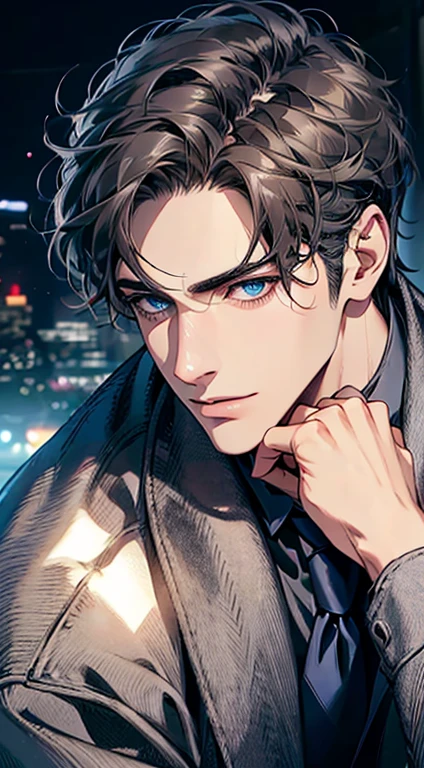 (Highest quality,4K,8K,High resolution,masterpiece:1.2),Super detailed,(Realistic,photoRealistic,photo-Realistic:1.37),1 person,31 years old,Mature Men,Beautiful skin、Profile、very handsome,Expressionless,smile,Short gray dark hair,blue eyes,Sharp Eyes,A perfect face without a doubt,Businessman,Office Background,Cinema Lighting,HDR image,tie、