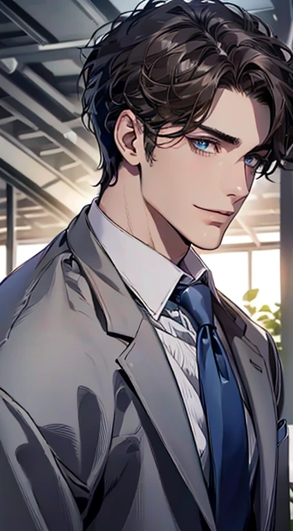 (Highest quality,4K,8K,High resolution,masterpiece:1.2),Super detailed,(Realistic,photoRealistic,photo-Realistic:1.37),1 person,31 years old,Mature Men,Beautiful skin、Profile、very handsome,Expressionless,smile,Short gray dark hair,blue eyes,Sharp Eyes,A perfect face without a doubt,Businessman,Office Background,Cinema Lighting,HDR image,tie、