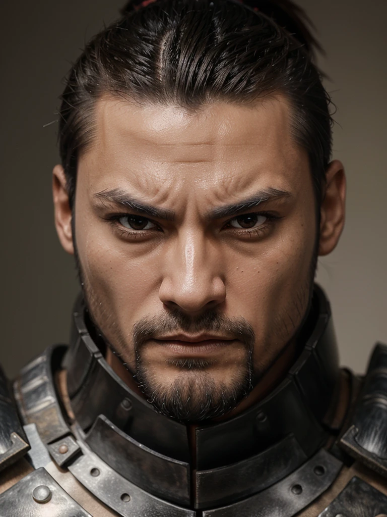 Tall samurai, muscular and virile, short hair in a small ponytail, fierce eyes, serious expression and a small beard on his chin. revealing armor, with a muscular and sexy body.