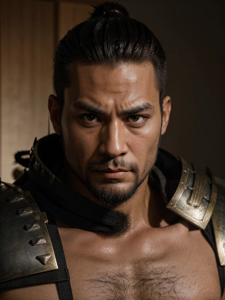 Tall samurai, muscular and virile, short hair in a small ponytail, fierce eyes, serious expression and a small beard on his chin. revealing armor, with a muscular and sexy body. 