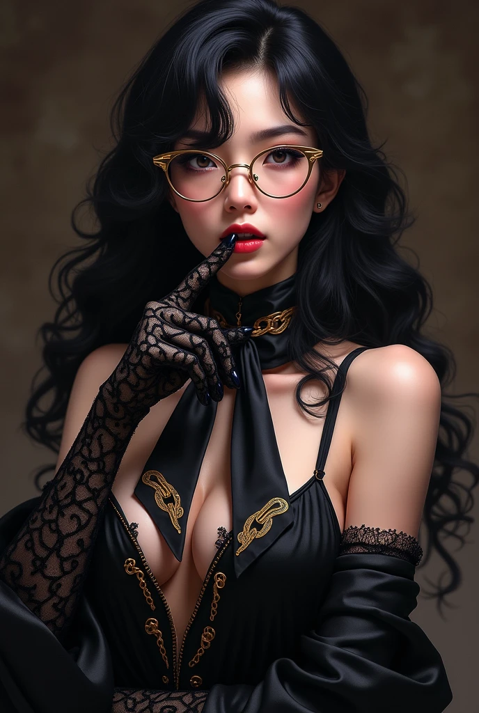 With long, curly black hair、Heavy makeup and purple eyeshadow、Dark eyeliner、Around her neck she wears a ribbon-shaped satin black and gold chain patterned scarf.、Wearing gold-rimmed glasses、Wearing long gloves made of black rose lace、A Japanese woman in her 50s, dressed in an elegant suit, is vulgarly licking her finger.