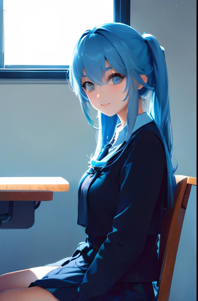 1girl, long light blue hair, dark blue, sit in class, black school modern uniform, anime