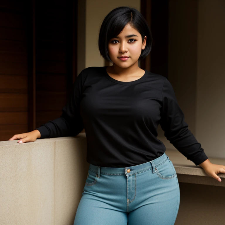 body photo, beautiful detailed, cute face, short, mexican teen, slightly chubby, short black hair, black hair over one eye, long sleeve plain T-shirt, long pants, fat wide hips, solo, 