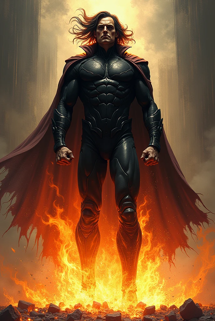 Comic style image where male supervillain dressed in black and with long hair slowly burns into ash 