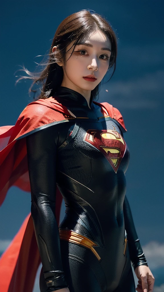 Woman wearing detailed SuperMan costume with full sleeves covering the entire body, short black hair, serious face, (flying in sky), vivid colors, dramatic lighting, red cape, cinematic costume, carbon fiber detailed suit,