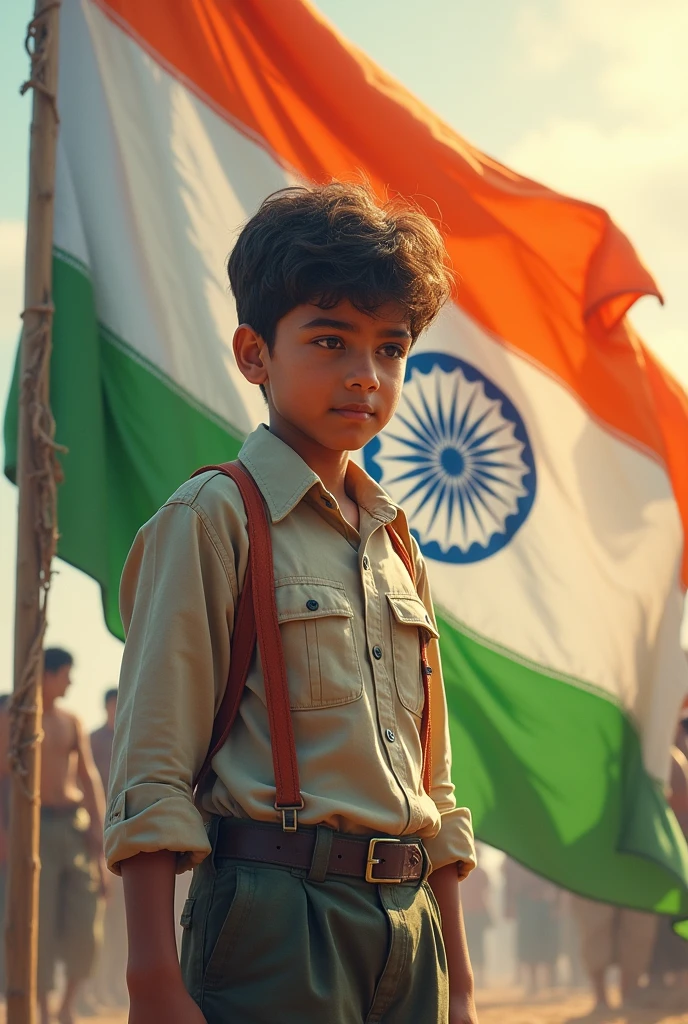 India flag in hand stand a boy 