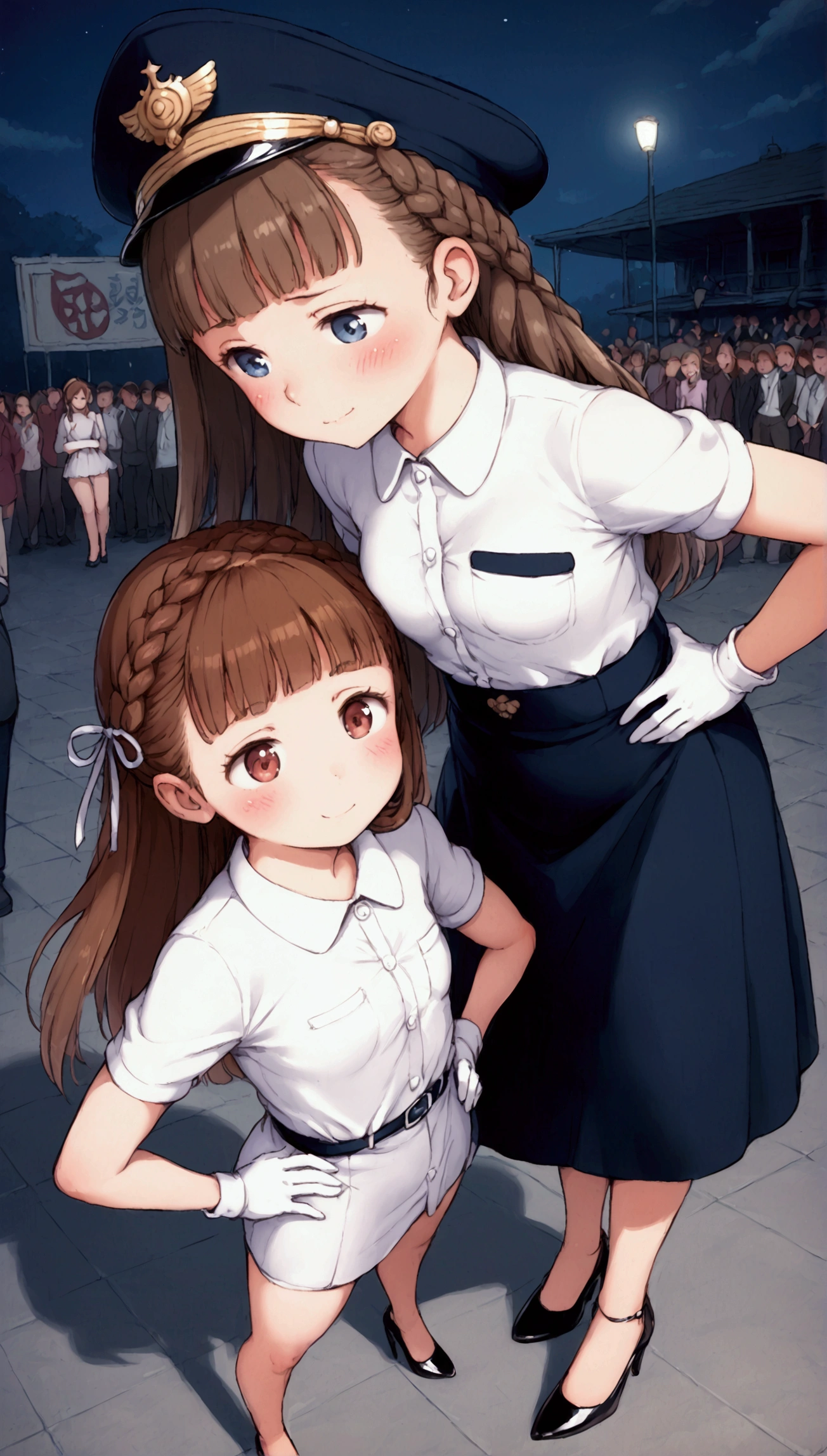 {Highest quality}, {Super beautiful},{Ultra fine},{Best illustration},Brown Hair,Hime cut,Braid,long hair,Two Women,Standing Woman,Strike a pose,Adult women,Saucy,Half-open eyes,look down,Proud,To align teeth,Uniform cap,White shirt,Short sleeve,Black long skirt,White gloves,Black stiletto heels,Night Park,crowd,Blushing,Slender,From above,Spread your legs,Put one hand on your hip