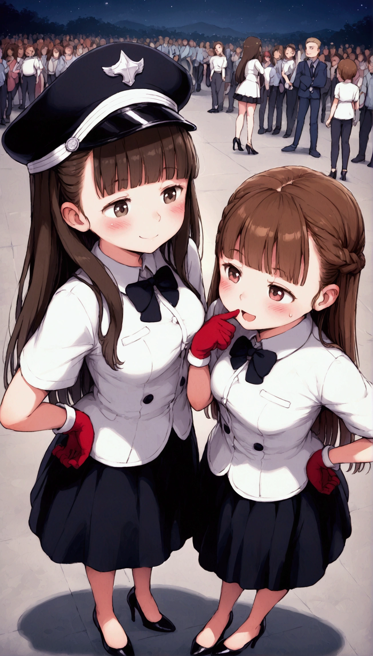 {Highest quality}, {Super beautiful},{Ultra fine},{Best illustration},Brown Hair,Hime cut,Braid,long hair,Two Women,Standing Woman,Strike a pose,Adult women,Saucy,Half-open eyes,look down,Proud,To align teeth,Uniform cap,White shirt,Short sleeve,Black long skirt,White gloves,Black stiletto heels,Night Park,crowd,Blushing,Slender,From above,Spread your legs,Put one hand on your hip