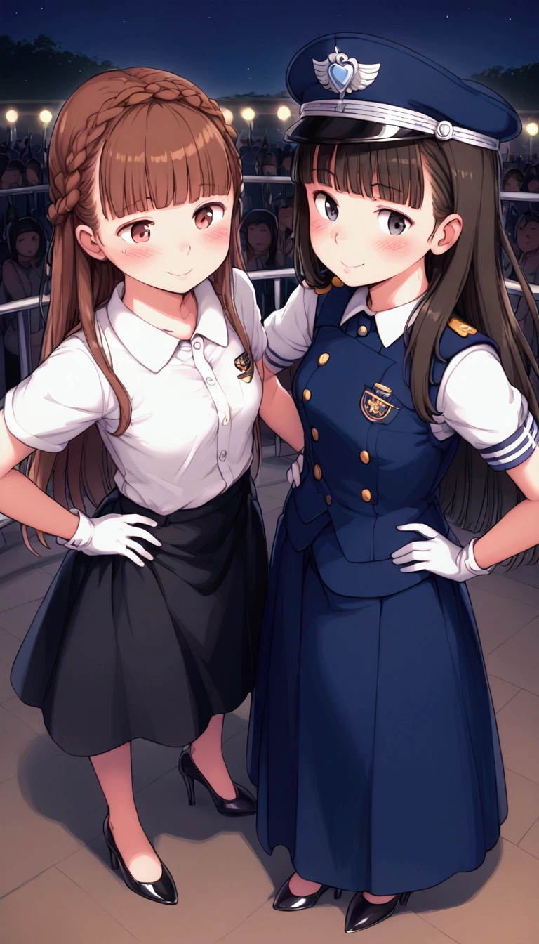 {Highest quality}, {Super beautiful},{Ultra fine},{Best illustration},Brown Hair,Hime cut,Braid,long hair,ponytail,One woman,Standing Woman,Strike a pose,Adult women,smug face,Excited face,Double teeth,Wink,Uniform cap,White shirt,Short sleeve,Black long skirt,White gloves,Black stiletto heels,Night Park,crowd,Blushing,Slender,From an angle,Spread your legs,Put one hand on your hip