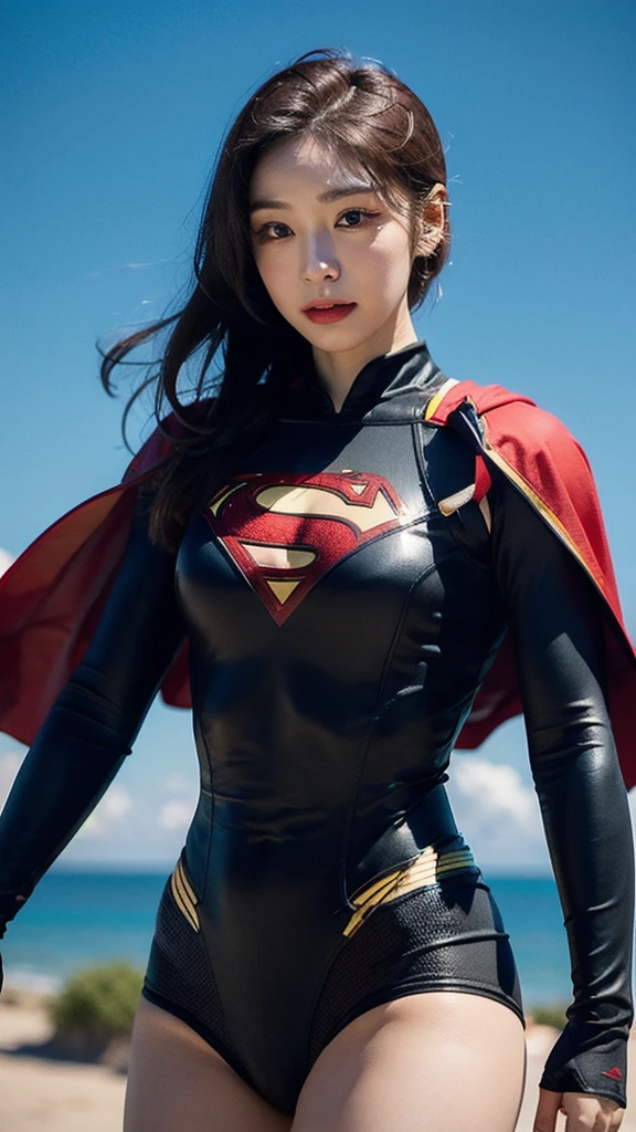 Woman wearing detailed SuperMan costume with full sleeves covering the entire body, short black hair, serious face, (flying in sky), vivid colors, dramatic lighting, red cape, cinematic costume, carbon fiber detailed suit,