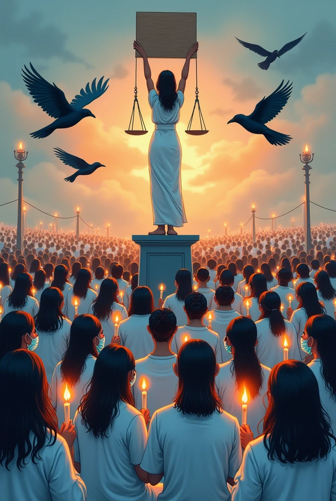 Thousands of women wearing a white doctor's coat , blue to white mask in their mouth, holding candle in their hand, a big justice board written justice served is kept near them.In a pedestal a mother wearing white saree is hanging a man. The women are sitting and watching from down. The sky is sunset to night. 4 crows are flying in the . The background is foggy. Portrait illustration, soft colour pencil art,cartoon, high contrast.