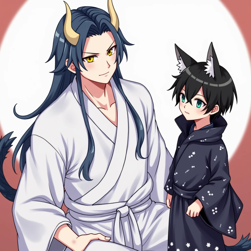 A tall man with long, bluish-black hair reaching his knees, yellow eyes, horns, and a dragon tail, wearing a white yukata that reveals a bit of his muscular chest, next to a short boy with black hair and green eyes, wearing fox ears and a fox tail.