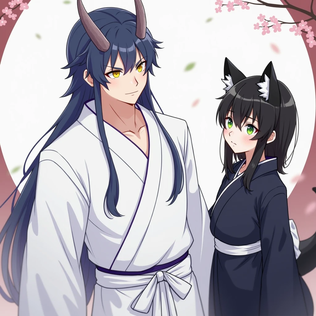 A tall man with long, bluish-black hair reaching his knees, yellow eyes, horns, and a dragon tail, wearing a white yukata that reveals a bit of his muscular chest, next to a short boy with black hair and green eyes, wearing fox ears and a fox tail.