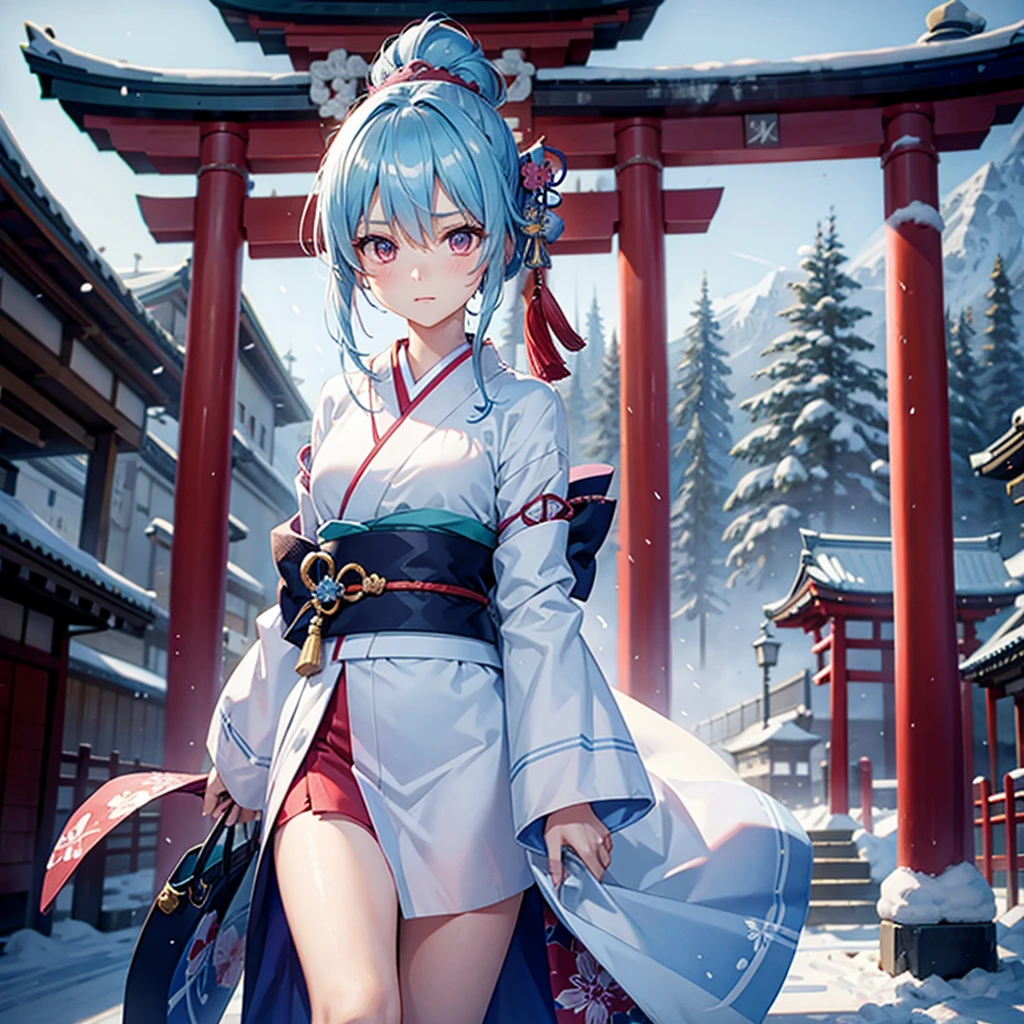 (Sky blue hair tied in a single strand),(Pink Eyes),Fair Skin,Full Body,Alone,Snowy Night,Drawing a divine lot at a temple,torii,japanese kimono,Masterpiece, Top Quality, Very Detailed, Best Shadows,Detailed Background,Beautifully Detailed Face,High Contrast,Best Lighting, Very Delicate and Beautiful,Cinematic Light,Hyper Detail,8k,Dramatic Light,Exquisite Detail,