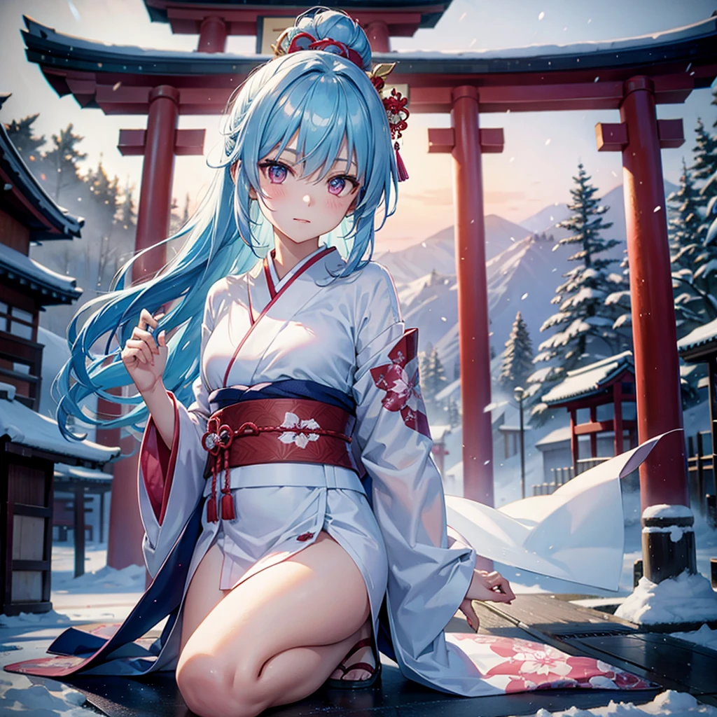 (Sky blue hair tied in a single strand),(Pink Eyes),Fair Skin,Full Body,Alone,Snowy Night,Drawing a divine lot at a temple,torii,japanese kimono,Masterpiece, Top Quality, Very Detailed, Best Shadows,Detailed Background,Beautifully Detailed Face,High Contrast,Best Lighting, Very Delicate and Beautiful,Cinematic Light,Hyper Detail,8k,Dramatic Light,Exquisite Detail,