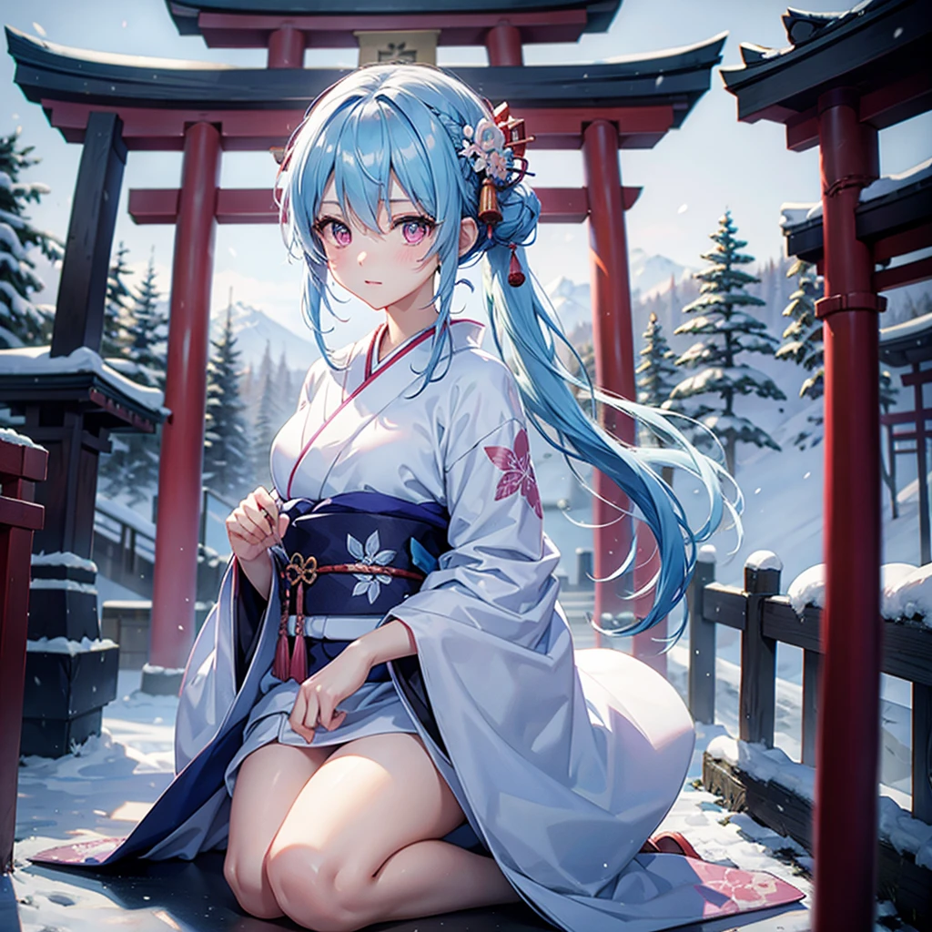 (Sky blue hair tied in a single strand),(Pink Eyes),Fair Skin,Full Body,Alone,Snowy Night,Drawing a divine lot at a temple,torii,japanese kimono,Masterpiece, Top Quality, Very Detailed, Best Shadows,Detailed Background,Beautifully Detailed Face,High Contrast,Best Lighting, Very Delicate and Beautiful,Cinematic Light,Hyper Detail,8k,Dramatic Light,Exquisite Detail,