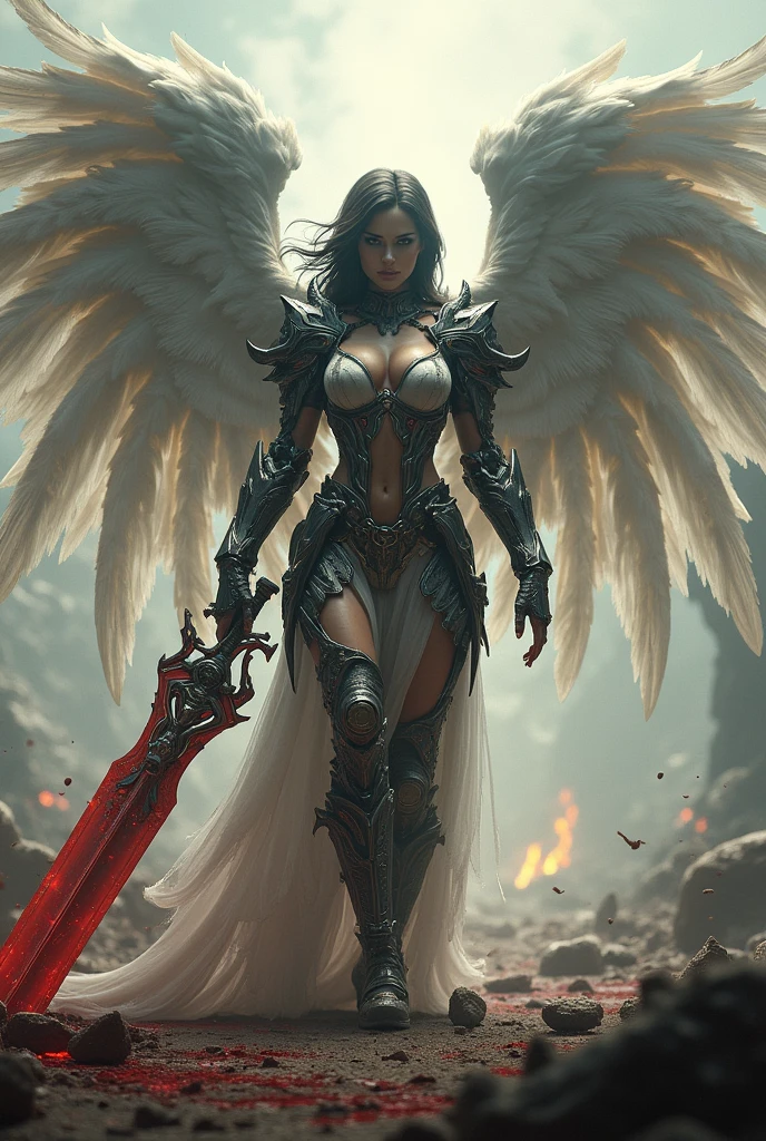 archangel lucifer,war effect,REAL - style image of a woman with a blood sword in a field, cyberpunk art inspired by Leng Mei, cgsociety contest winner, fantasy art, beautiful Mistresses angel girl, angel knight girl, as a mystical valkyrie, battle angel, angel in sexy bondage, mechanized valkyrie girl, unreal engine 4k wallpaper, wraith from apex legends, epic angel 8 wings
