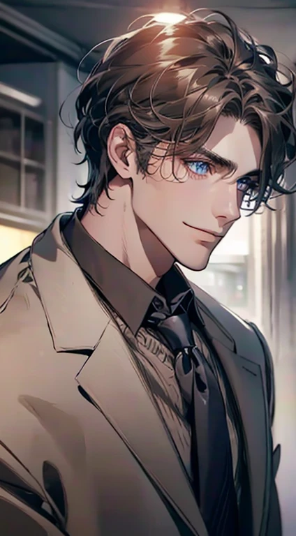 (Highest quality,4K,8K,High resolution,masterpiece:1.2),Super detailed,(Realistic,photoRealistic,photo-Realistic:1.37),1 person,31 years old,Mature Men,Beautiful skin、Profile、very handsome,Expressionless,smile,Short gray dark hair,blue eyes,Sharp Eyes,A perfect face without a doubt,Businessman,Office Background,Cinema Lighting,HDR image,tie、