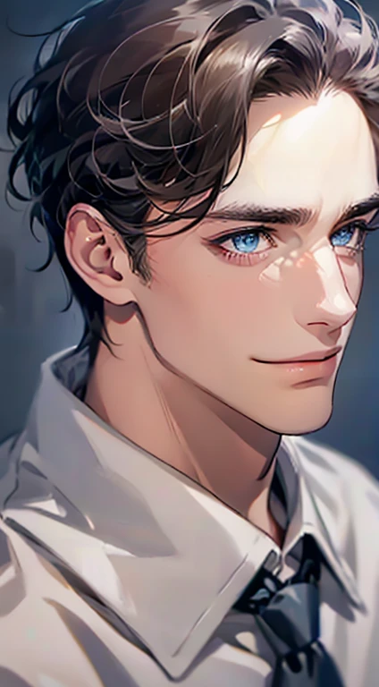 (Highest quality,4K,8K,High resolution,masterpiece:1.2),Super detailed,(Realistic,photoRealistic,photo-Realistic:1.37),1 person,31 years old,Mature Men,Beautiful skin、Profile、very handsome,Expressionless,smile,Short gray dark hair,blue eyes,Sharp Eyes,A perfect face without a doubt,Businessman,Office Background,Cinema Lighting,HDR image,tie、