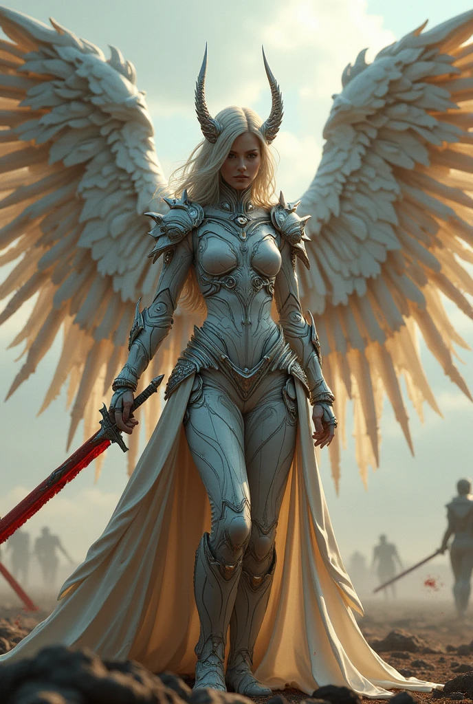 leader of archangel lucifer,war effect,REAL - style image of a woman with a blood sword in a field, cyberpunk art inspired by Leng Mei, cgsociety contest winner, fantasy art, beautiful Mistresses angel girl, angel knight girl, as a mystical valkyrie, battle angel, angel in sexy bondage, mechanized valkyrie girl, unreal engine 4k wallpaper, wraith from apex legends, epic  angel 8 wings