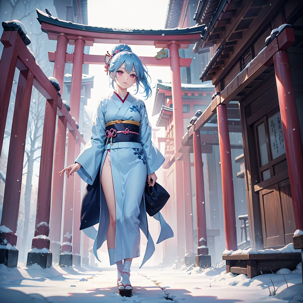 (Sky blue hair tied in a single strand),(Pink Eyes),Fair Skin,Full Body,Alone,Snowy Night,Drawing a divine lot at a temple,torii,japanese kimono,Masterpiece, Top Quality, Very Detailed, Best Shadows,Detailed Background,Beautifully Detailed Face,High Contrast,Best Lighting, Very Delicate and Beautiful,Cinematic Light,Hyper Detail,8k,Dramatic Light,Exquisite Detail,