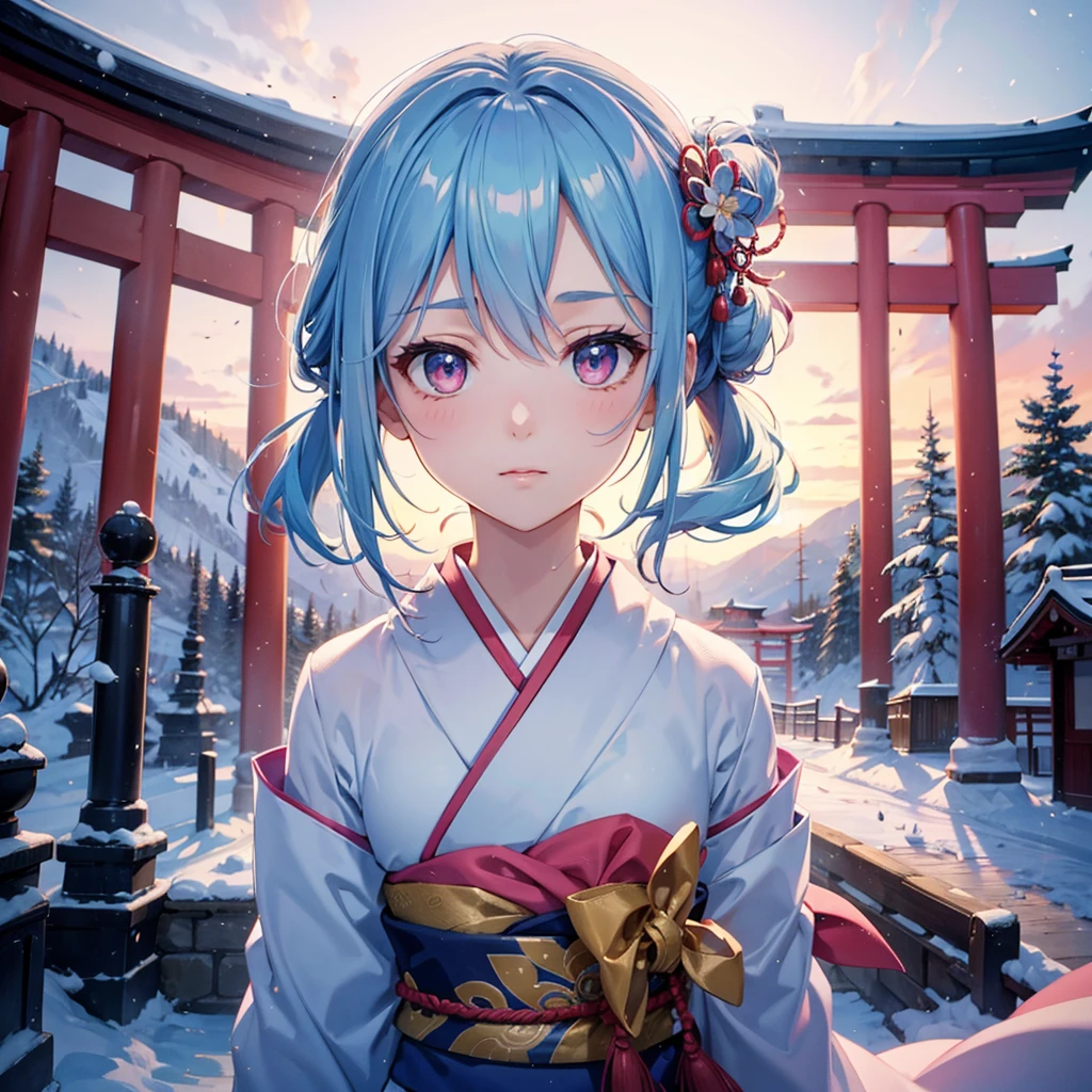 (Sky blue hair tied in a single strand),(Pink Eyes),Fair Skin,Full Body,Alone,Snowy Night,Drawing a divine lot at a temple,torii,japanese kimono,Masterpiece, Top Quality, Very Detailed, Best Shadows,Detailed Background,Beautifully Detailed Face,High Contrast,Best Lighting, Very Delicate and Beautiful,Cinematic Light,Hyper Detail,8k,Dramatic Light,Exquisite Detail,