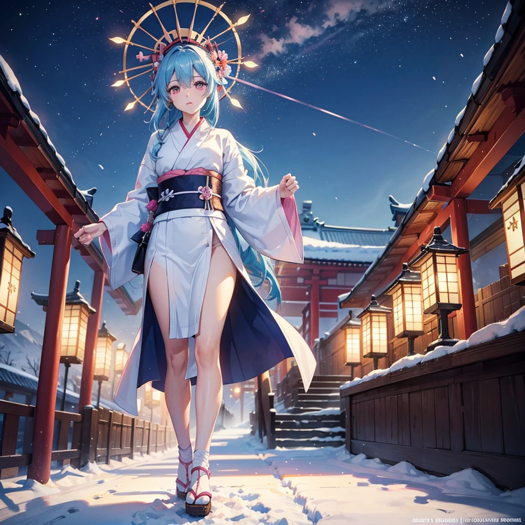 (Sky blue hair tied in a single strand),(Pink Eyes),Fair Skin,Full Body,Alone,Snowy Night,Drawing a divine lot at a temple,torii,japanese kimono,Masterpiece, Top Quality, Very Detailed, Best Shadows,Detailed Background,Beautifully Detailed Face,High Contrast,Best Lighting, Very Delicate and Beautiful,Cinematic Light,Hyper Detail,8k,Dramatic Light,Exquisite Detail,