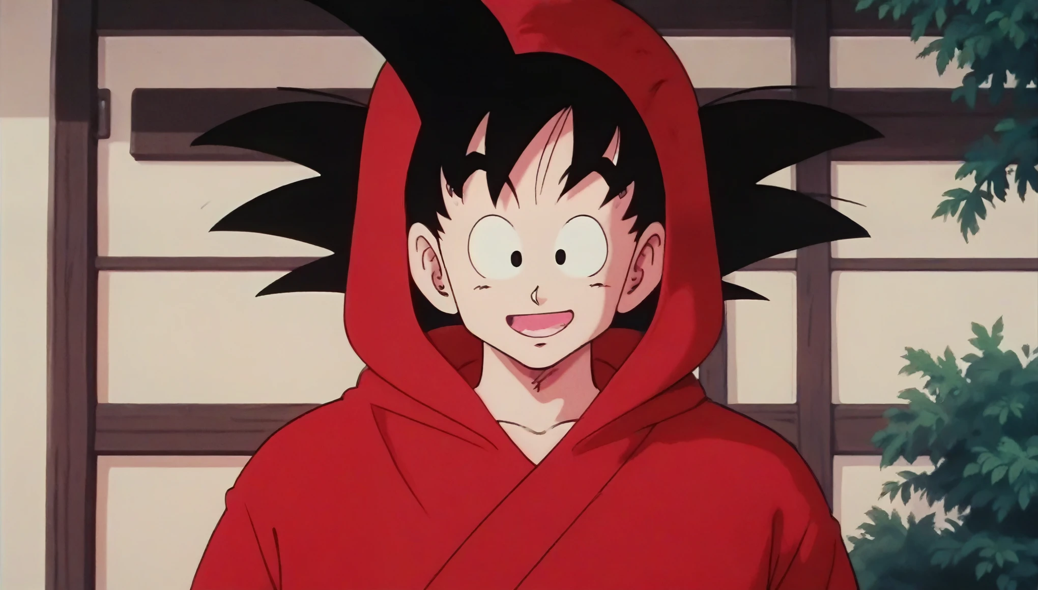 Son Goku, Old age, Black Hair, Iris, Spiked Hair, Jedi Robe, Red Robe, Hooded Robe, Put on the hood, smile, Open your mouth, View your viewers,