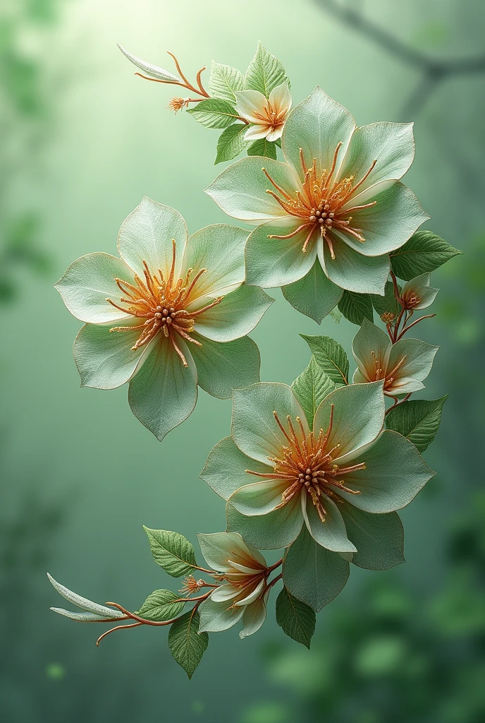 Design a jewelry image with fish scales (flowers and combs) that are joined with copper thread and covered with green paper.
The background should convey tranquility and confidence.