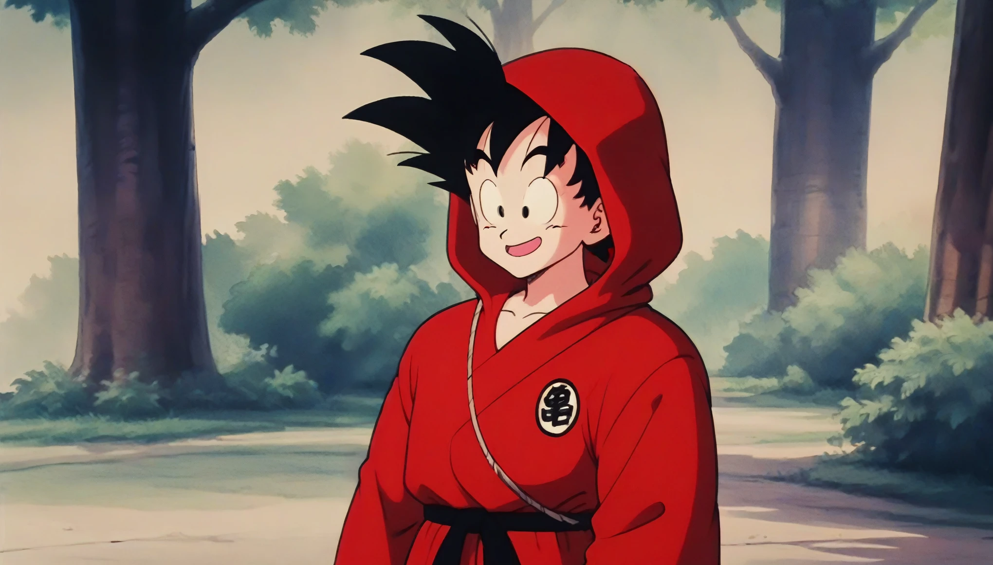 Son Goku, Old age, Black Hair, Iris, Spiked Hair, Jedi Robe, Red Robe, Hooded Robe, Put on the hood, smile, Open your mouth, View your viewers,