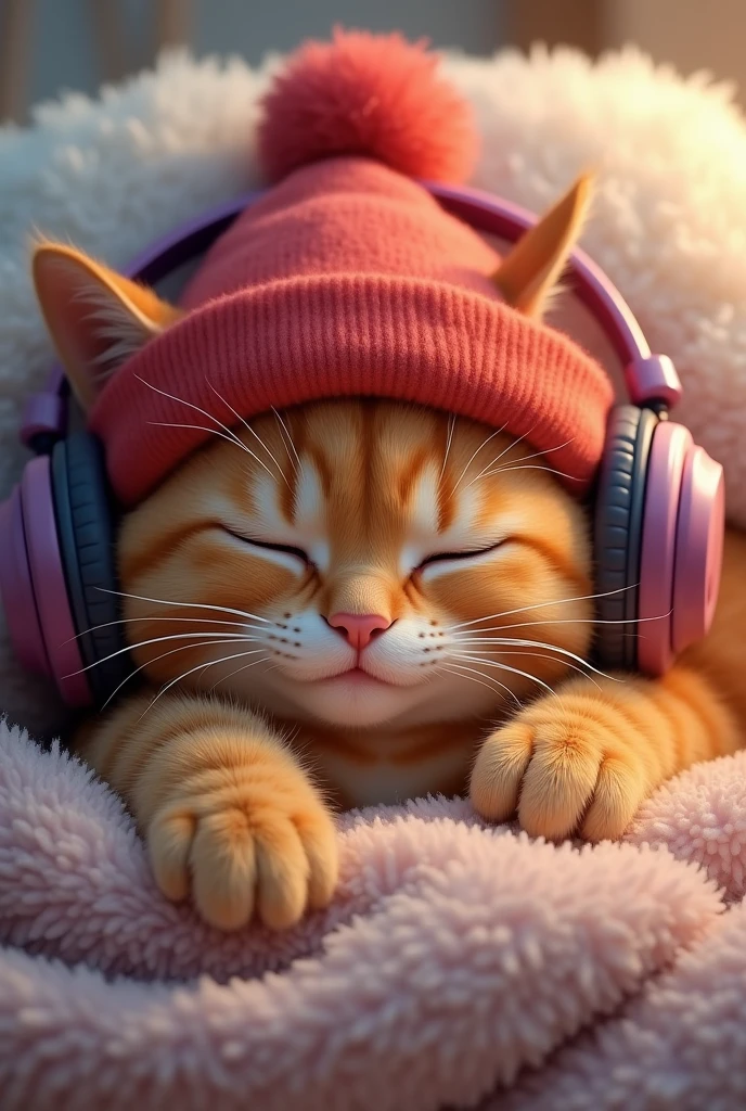 A sleeping orange cat wearing a red winter hat and purple headphones 